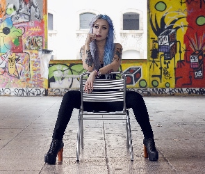 Modelka, Kobieta, Graffiti, Włosy, Tatuaże, Piercing, Farbowane