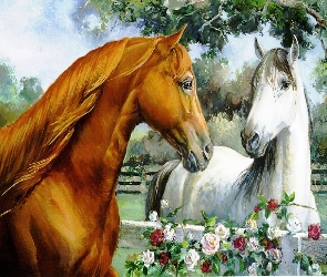 Konie, Kwiaty, Stadnina, Obrazy