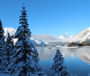 Zima, Drzewa, Jezioro, Góry
