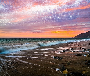 Kamienie, Plaża, Morze, Zachód słońca