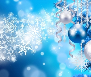Świąteczna, Grafika 2D, Śnieżynki, Niebieskie, Białe, Bombki, Dekoracja