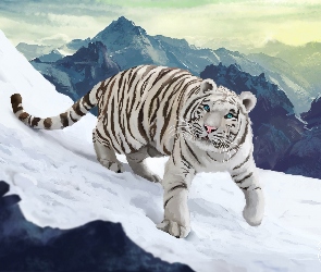 Biały, Grafika komputerowa, Góry, Śnieg, Tygrys