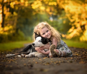 Dziewczynka, Liście, Droga, Border collie