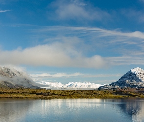 Góry, Jezioro, Alaska, Chmury