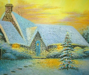 Obraz, Dom, Boże Narodzenie, Zima, Malarstwo