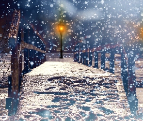 Śnieg, Most, Park, Latarnie