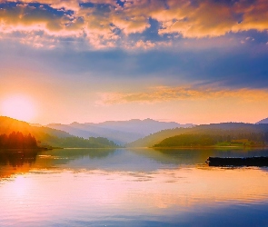 Jezioro, Góry, Wschód słońca