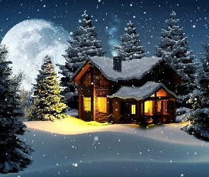 Zima, Śnieg, Dom, Księżyc, Drzewa