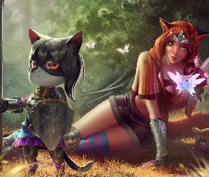 Kobieta, Włócznia, Kot, Elf, Fantasy