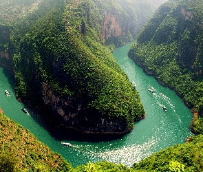 Rzeka Jangcy, Chiny, Wzgórza, Statki, Meander