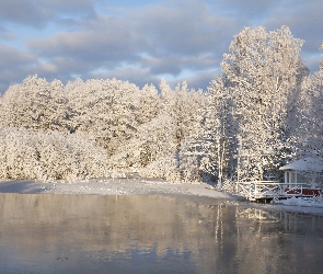 Drzewa, Ośnieżone, Jezioro, Altana