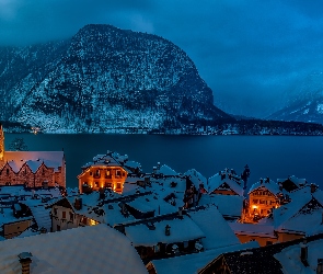 Kościół, Jezioro, Austria, Noc, Góry, Hallstatt, Zima