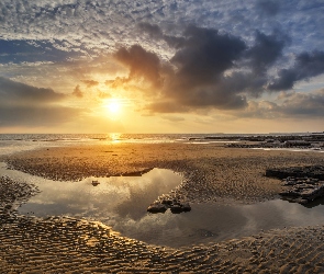 Plaża Dunraven Bay, Zachód słońca, Morze, Walia