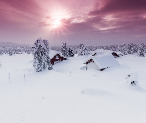 Zima, Okręg Oppland, Norwegia, Domy, Promienie słońca, Drzewa, Zasypane, Gmina Lillehammer