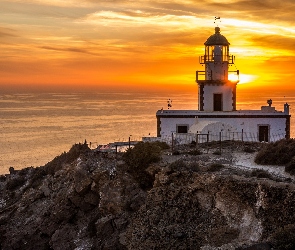 Grecja, Santorini, Zachód słońca, Latarnia morska, Morze, Akrotiri