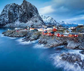 Lofoty, Morze, Norwegia, Domki, Wioska rybacka, Góry