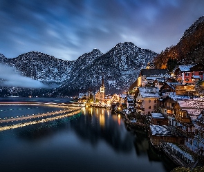 Alpy, Jezioro, Austria, Góry, Miasteczko Hallsatt