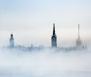 Mgła, Chmury, Wyspa Riddarholmen, Sztokholm, Kościół, Wieże