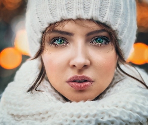 Czapka, Oczy, Zielone, Szalik, Kobieta