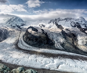 Lodowiec Gornergletscher, Chmury Zima, Śnieg, Szwajcaria, Góry Alpy