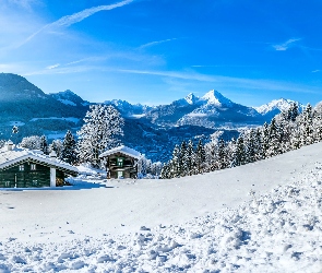 Dolina, Lasy, Berchtesgaden, Kurort, Góry, Niemcy, Zima