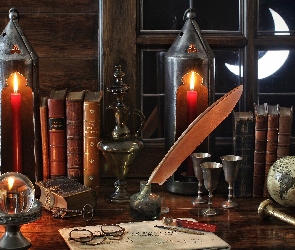 Okno, Pióro, Książki, Kompozycja, Lampiony, Kałamarz