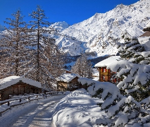 Saas-Fee, Szwajcaria, Droga, Góry, Wieś, Domy, Zima