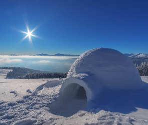 Igloo, Promienie słońca, Las, Drzewa, Zima