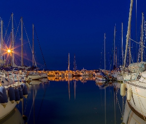 Żaglówki, Noc, Zachód słońca, Port, Jachty