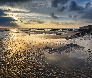 Wschód słońca, Morze, Plaża Dunraven Bay, Walia