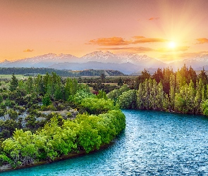 Nowa Zelandia, Drzewa, Góry, Wschód słońca, Rzeka Clutha