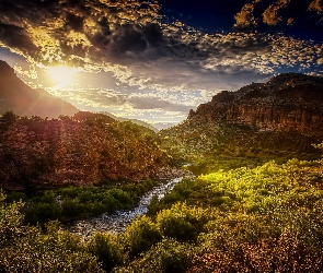 Stany Zjednoczone, Wschód słońca, Rzeka Salt River, Góry, Arizona