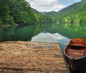 Góry, Pomost, Łódka, Lasy, Jezioro