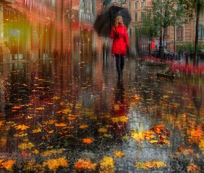 Kobieta, Deszcz, Ulica, Liście, Parasol