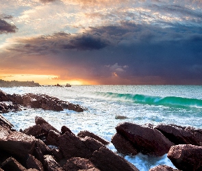 Morze, Zachód słońca, Kamienie, Chmury, Skały