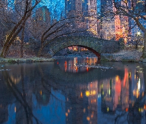 Domy, Drzewa, Manhattan, Nowy Jork, Central Park, Most