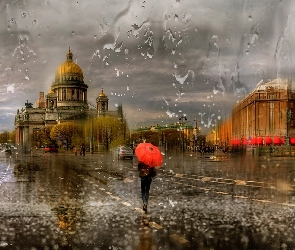 Petersburg, Kobieta, Budowle, Deszcz, Ulica, Parasolka