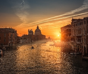 Łodzie, Budynki, Wenecja, Włochy, Canal Grande, Zachód słońca