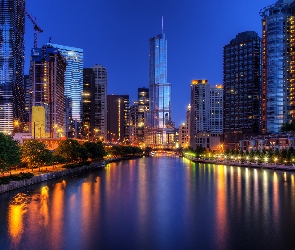 Wieżowce, Rzeka, Chicago, Noc