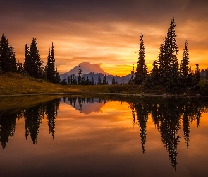 Stan Waszyngton, Stany Zjednoczone, Zachód Słońca, Jezioro, Drzewa, Odbicie, Park Narodowy Mount Rainier Stratowulkan Mount Rainier