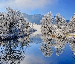Zima, Odbicie, Drzewa, Rzeka Loisach, Bawaria