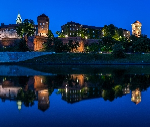 Kraków, Zamek Królewski na Wawelu, Rzeka Wisła, Noc, Zabytek, Wawel, Polska