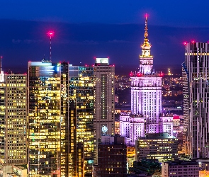 Warszawa, Wieżowce, Miasto nocą, Pałac Kultury i Nauki, Polska