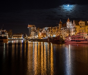 Gdańsk, Statki, Rzeka, Miasto nocą, Polska
