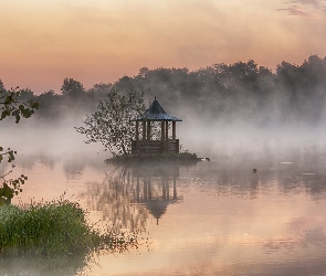 Mgła, Drzewa, Staw, Altanka