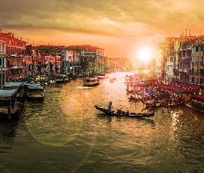 Domy, Gondole, Cieśnina Canal Grande, Kawiarenki, Łodzie, Wenecja, Kanał