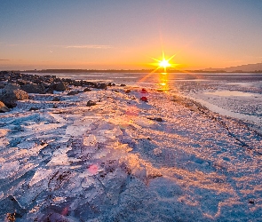 Morze, Lód, Kamienie, Zachód słońca