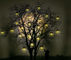 Światełka, Fantasy, Księżyc, Noc, Drzewo