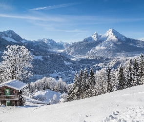 Berchtesgaden, Niemcy, Śnieg, Góry, Drzewa, Dom, Zima