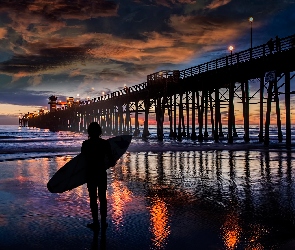 Kalifornia, Surfer, Molo, Chmury, Oceanside